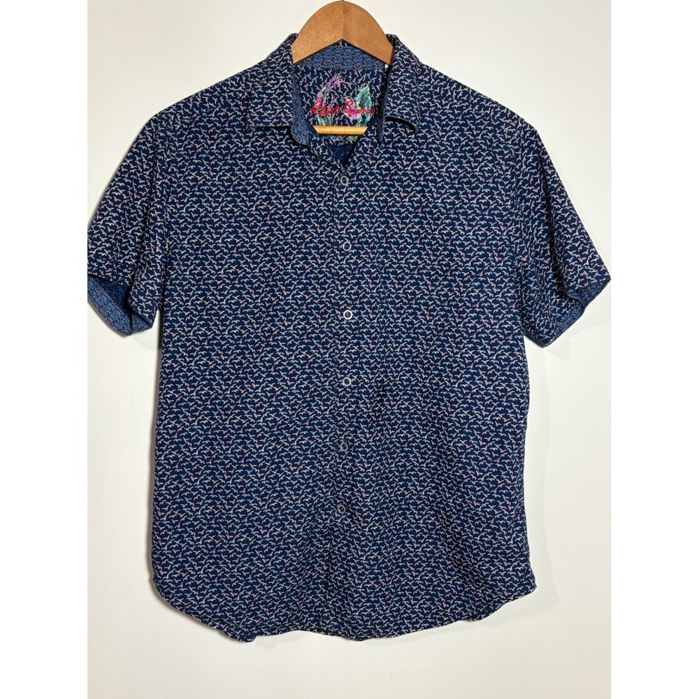 Robert Graham Button‎ Down Men Medium Navy Blue Bird Print Short Sleeve Classic